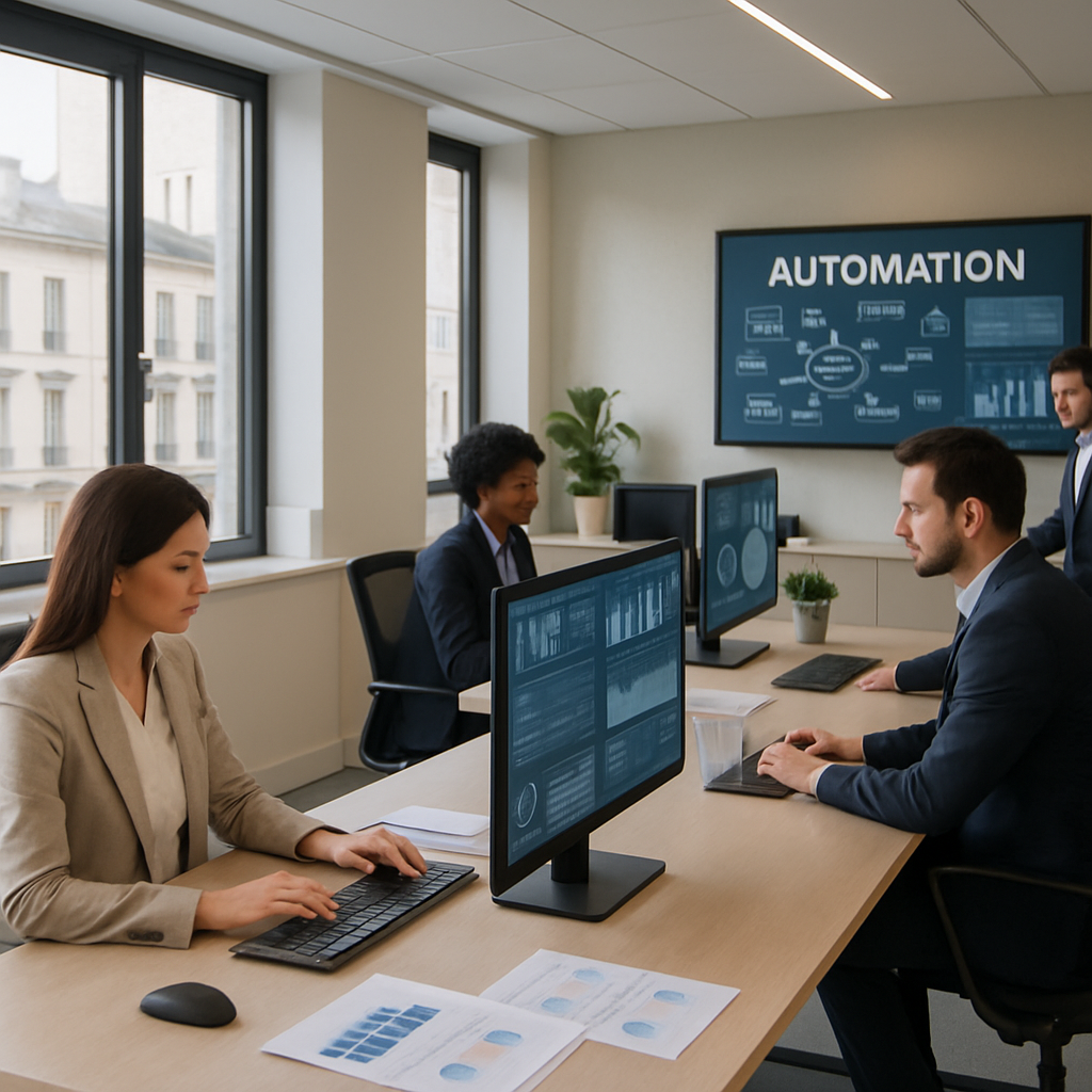 Bureau moderne français avec technologie d'automatisation, équipe travaillant avec ordinateurs et écrans numériques, environnement corporatif contemporain