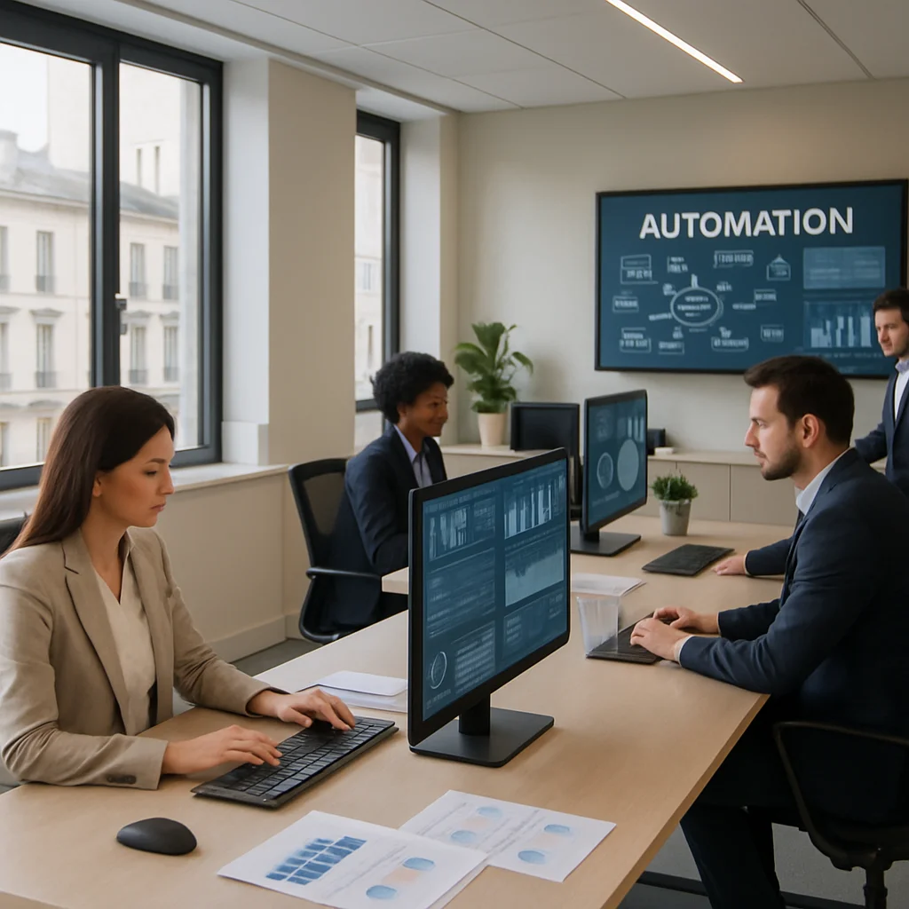 Bureau moderne français avec technologie d'automatisation, équipe travaillant avec ordinateurs et écrans numériques, environnement corporatif contemporain