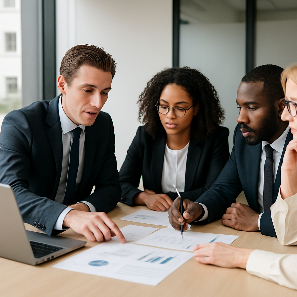 Équipe française travaillant sur l'optimisation des processus, professionnels collaborant autour d'un bureau avec documents et ordinateurs portables, salle de réunion moderne