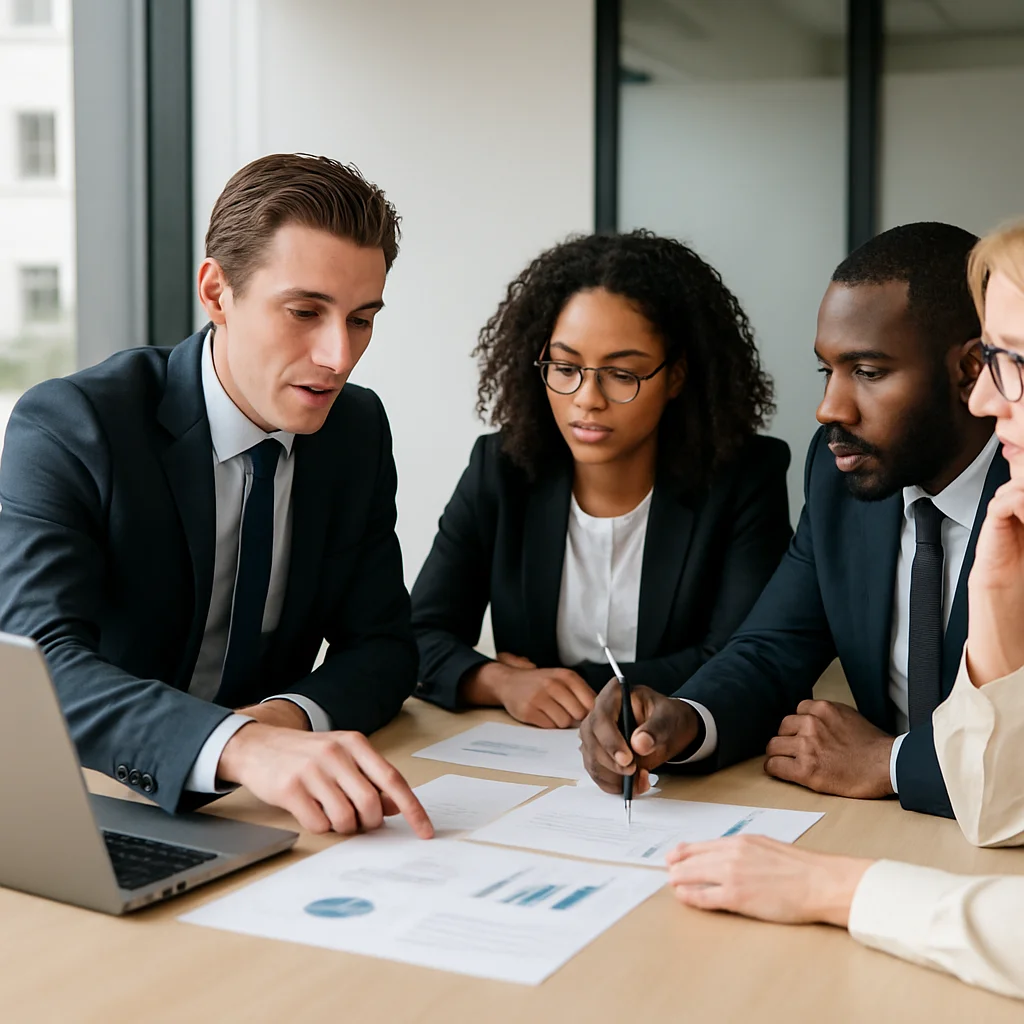 Équipe française travaillant sur l'optimisation des processus, professionnels collaborant autour d'un bureau avec documents et ordinateurs portables, salle de réunion moderne