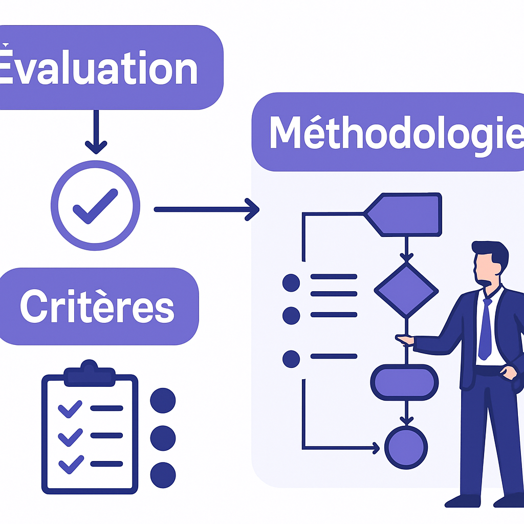 Illustration professionnelle du framework d'évaluation méthodologique avec labels français : Évaluation, Critères, Méthodologie