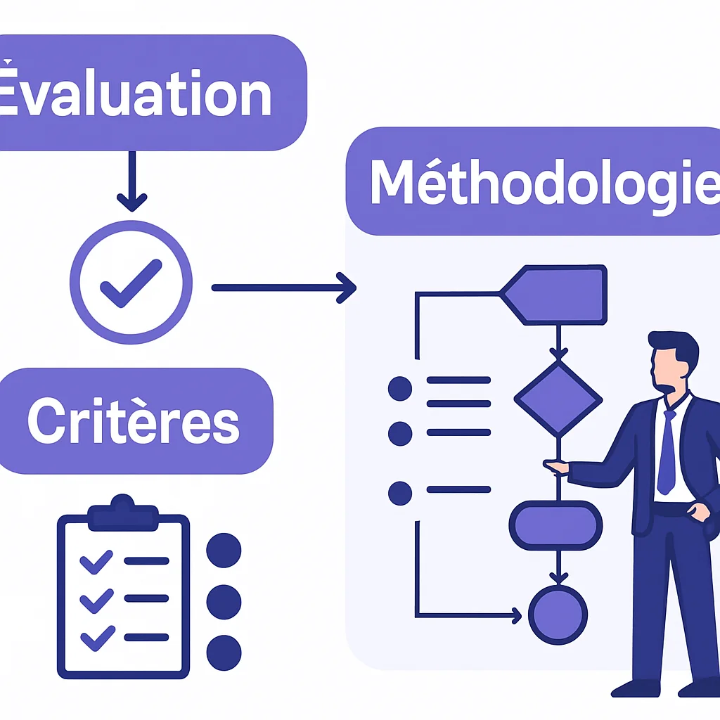 Illustration professionnelle du framework d'évaluation méthodologique avec labels français : Évaluation, Critères, Méthodologie