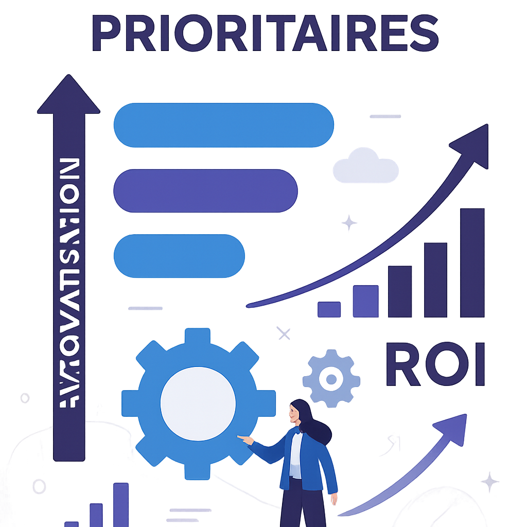 Infographie professionnelle montrant les processus prioritaires d'automatisation avec labels en français : Processus Prioritaires, Automatisation, ROI