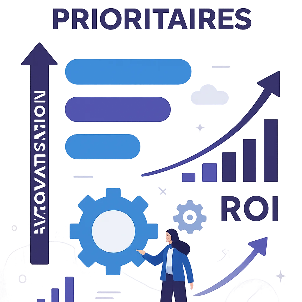 Infographie professionnelle montrant les processus prioritaires d'automatisation avec labels en français : Processus Prioritaires, Automatisation, ROI