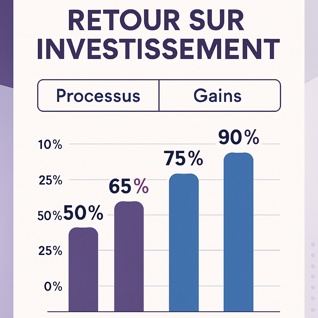 Infographie professionnelle comparant les ROI avec labels français : Retour sur Investissement, Processus, Gains, avec graphiques et pourcentages