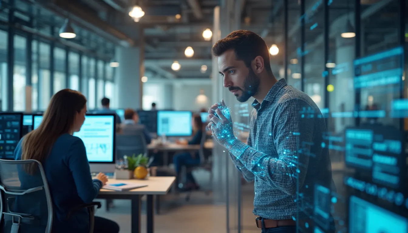 Balance symbolique montrant l'automatisation et l'emploi humain en équilibre