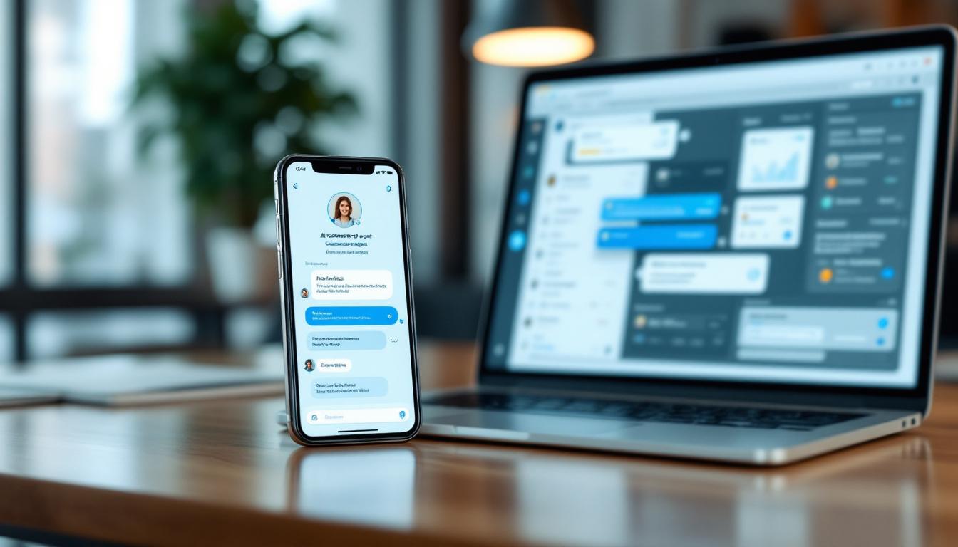 Interface utilisateur d'un chatbot IA professionnel avec conversation en français, bulles de dialogue intelligentes, menu d'options automatisées et design corporate moderne pour service client d'entreprise