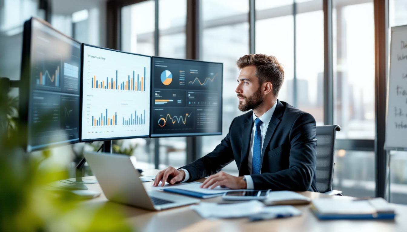 Dirigeant d'entreprise consultant un tableau de bord de productivité avec métriques en temps réel, graphiques de performance et indicateurs clés de l'automatisation des processus métier sur un écran moderne