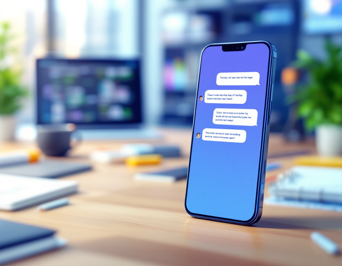 Interface utilisateur moderne d'un chatbot IA avec design épuré, bulle de conversation intelligente, avatar virtuel et menu d'options pour service client automatisé en français