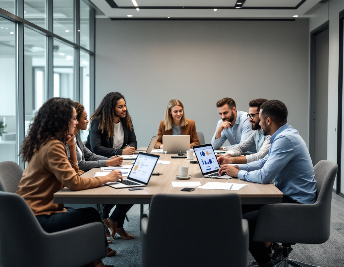Équipe d'entreprise en session de formation pour l'implémentation d'un chatbot IA, avec présentateur expliquant l'interface sur écran, participants prenant des notes et matériel pédagogique sur table dans salle de réunion moderne