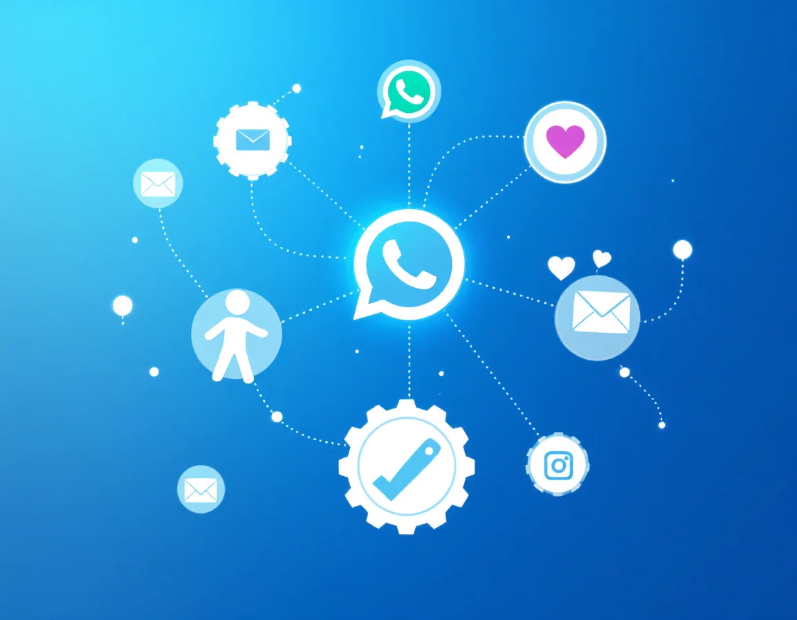 Diagramme d'intégration multicanale d'un chatbot IA connecté simultanément au site web, réseaux sociaux, email, téléphone et applications mobiles avec synchronisation des conversations et données clients centralisées