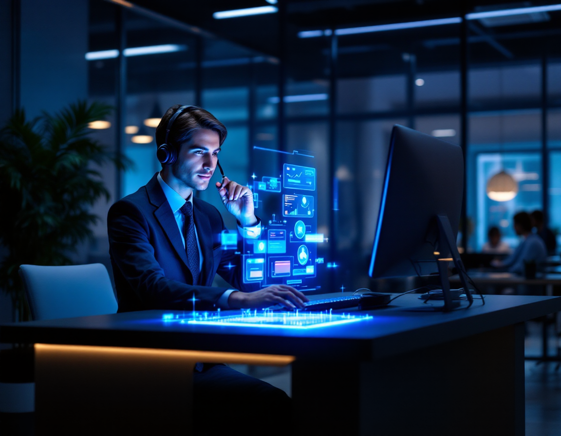 Schéma du service client automatisé avec intelligence artificielle montrant l'interaction entre clients, chatbot IA, base de connaissances et agents humains dans un workflow de support optimisé