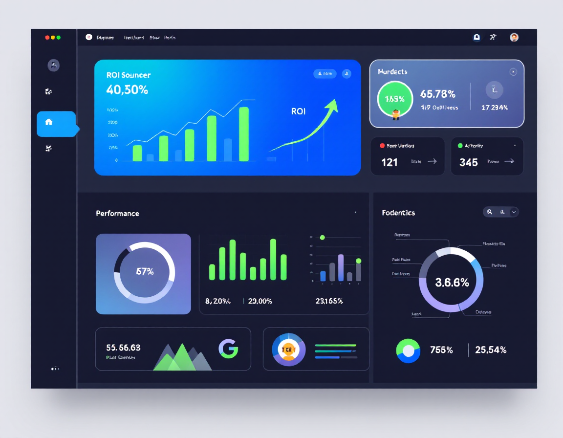 Tableau de bord analytique montrant les statistiques de retour sur investissement d'un chatbot IA avec graphiques de performance, métriques de satisfaction client, économies réalisées et KPI en temps réel sur interface moderne