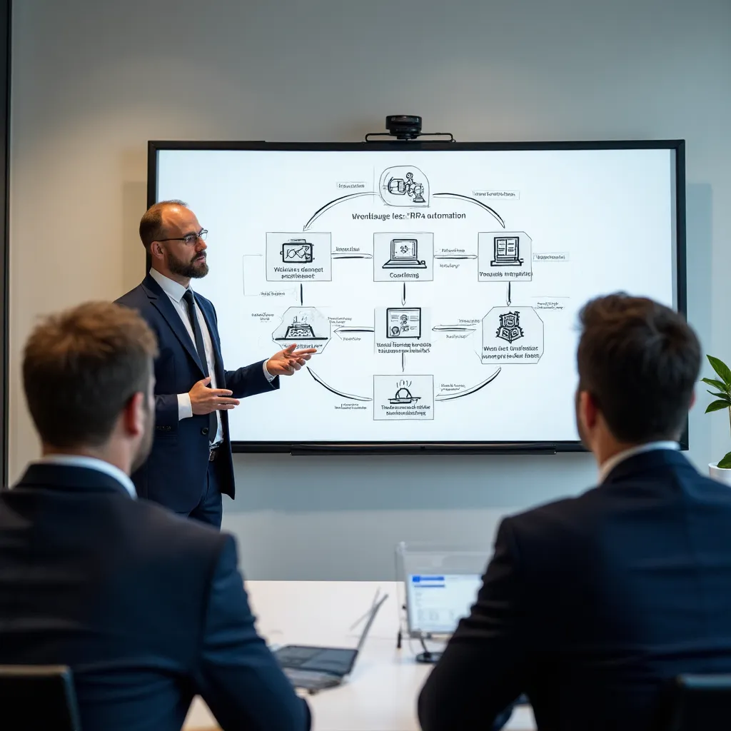 Consultant français présentant l'automatisation RPA sur tableau blanc