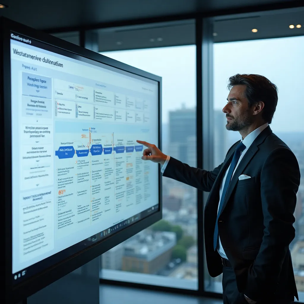 CEO français présentant la roadmap d'automatisation dans une salle de réunion