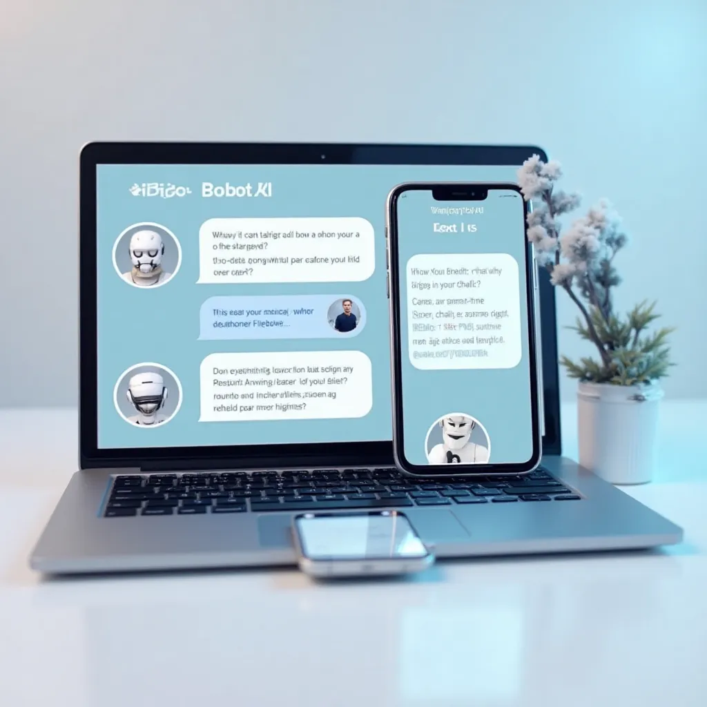 Interface chatbot IA sur smartphone et laptop