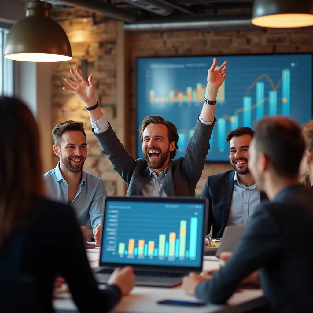 Équipe d'entreprise française célébrant les résultats ROI positifs