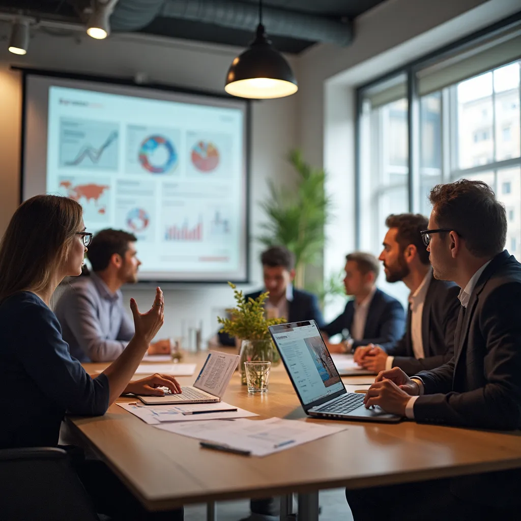 Professionnels français en réunion analysant des graphiques de croissance
